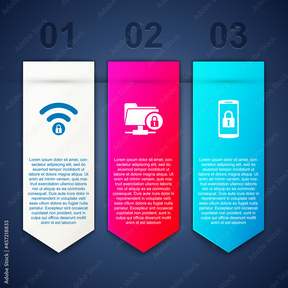 Poster set wifi locked, ftp folder and and smartphone with. business infographic template. vector