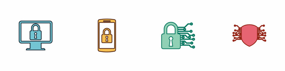 Set Lock on monitor, Smartphone with lock, Cyber security and icon. Vector