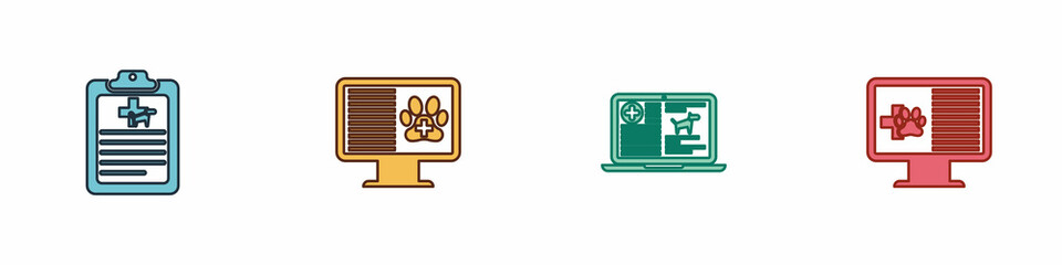 Fototapeta premium Set Clinical record pet, on monitor, dog laptop and icon. Vector
