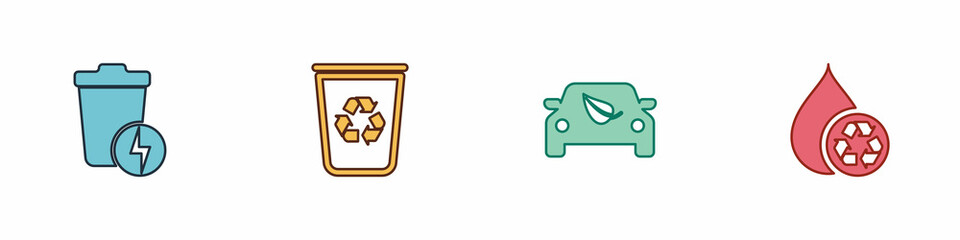 Set Lightning with trash can, Recycle bin recycle, Eco car drive leaf and clean aqua icon. Vector