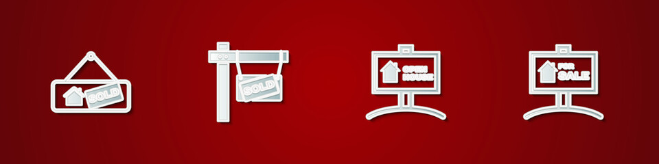 Set Hanging sign with Sold, , Open house and For Sale icon. Vector