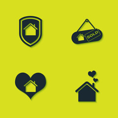 Set House under protection, with heart shape, and Hanging sign Sold icon. Vector