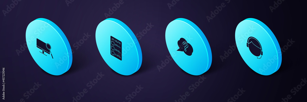 Poster set isometric man with a headset, speech bubble question, create account screen mobile and computer 