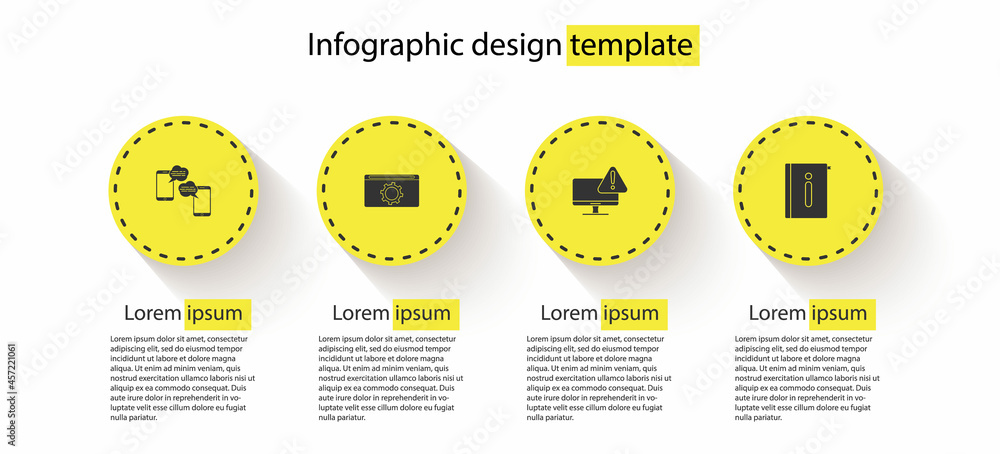 Poster set chat messages on mobile, setting, monitor with exclamation mark and user manual. business infogr