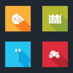 Set Medieval iron helmet, King crown, axe and Wooden four-wheel cart icon. Vector