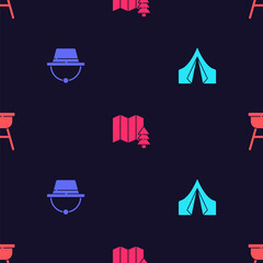 Set Tourist tent, Camping hat, Location of the forest and Barbecue grill on seamless pattern. Vector