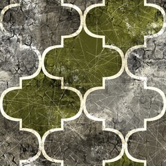 Seamless Moroccan Tile Mosaic Grungy Pattern for Surface Print. High quality illustration. Ornate distressed tribal bohemian geometry swatch in perfect repeat. Geometric textile design.