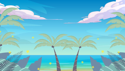 Sea panorama, Tropical beach vector background. sunset background