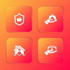 Set Piggy bank with shield, Hand holding fire, House flood and Stacks paper money cash icon. Vector