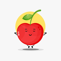 Cute cherry character meditating in yoga pose