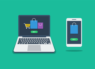 Ecommerce illustration. Laptop and smartphone with shopping bag icon. Flat vector suitable for many purposes.