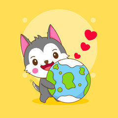 Cartoon illustration of cute husky character hugging earth