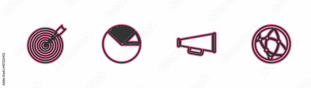 Poster set line target with arrow, megaphone, pie chart infographic and social network icon. vector