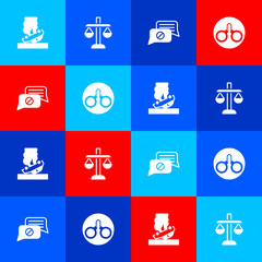 Set Burning car, Scales of justice, Speech bubble chat and Handcuffs icon. Vector