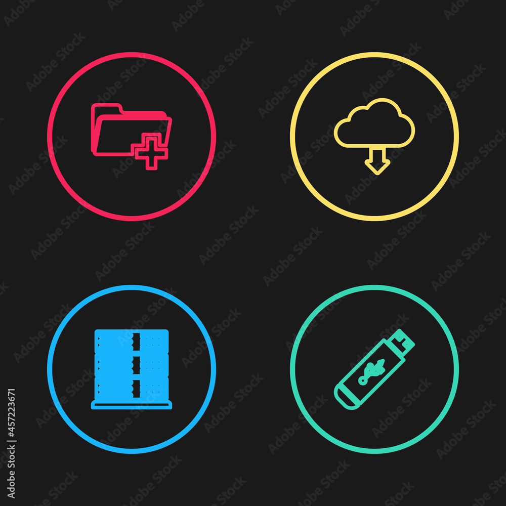 Poster set line server, data, web hosting, usb flash drive, cloud download and add new folder icon. vector