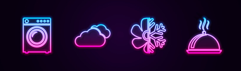 Set line Washer, Cloud, Air conditioner and Covered with tray of food. Glowing neon icon. Vector