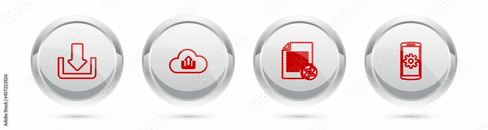 Poster set line download, cloud upload, transfer files and setting on smartphone. silver circle button. vec