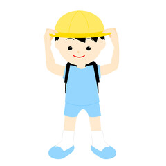 黄色い帽子をかぶるランドセルを背負った男の子