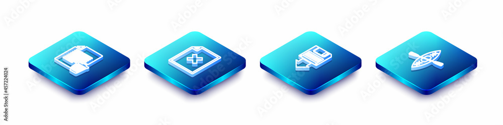 Poster set isometric line delete file document, , floppy disk backup and kayak and paddle icon. vector