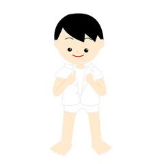 白いシャツのボタンを留める男の子