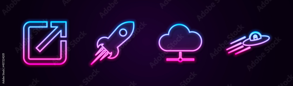 Poster set line open in new window, rocket ship with fire, network cloud connection and ufo flying spaceshi
