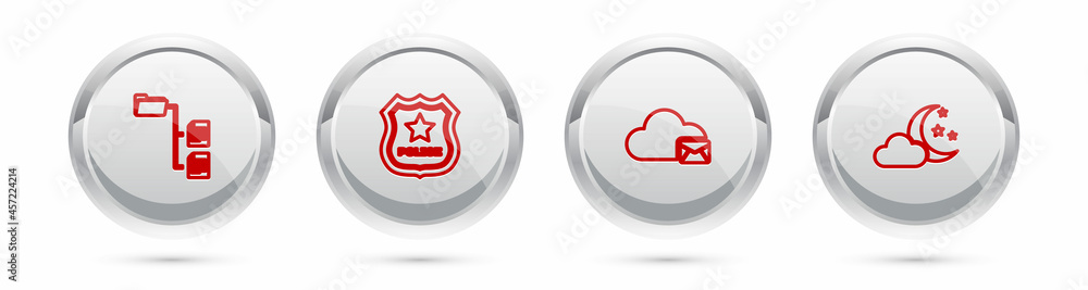 Poster set line folder tree, police badge, cloud mail server and with moon and stars. silver circle button.