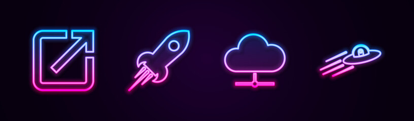 Set line Open in new window, Rocket ship with fire, Network cloud connection and UFO flying spaceship and alien. Glowing neon icon. Vector