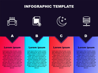 Fototapeta premium Set line Car wash, Unknown document, Moon and stars and Server, Data, Web Hosting. Business infographic template. Vector