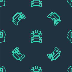 Set line Car sharing, and Head with low battery on seamless pattern. Vector