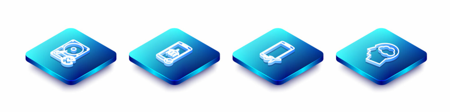 Set Isometric line Hard disk drive with clockwise, Flight mode in the mobile, and Head silhouette cloud icon. Vector