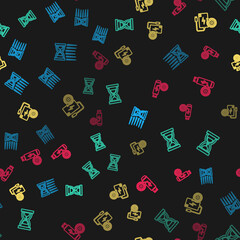 Set line Old hourglass with sand, , Power bank setting and USB flash drive on seamless pattern. Vector