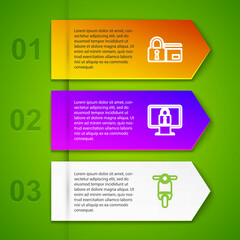 Set line Credit card with lock, Lock on monitor, Scooter and Electric scooter. Business infographic template. Vector