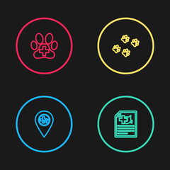Set line Location veterinary, Medical certificate for dog or, Paw print and Veterinary clinic icon. Vector
