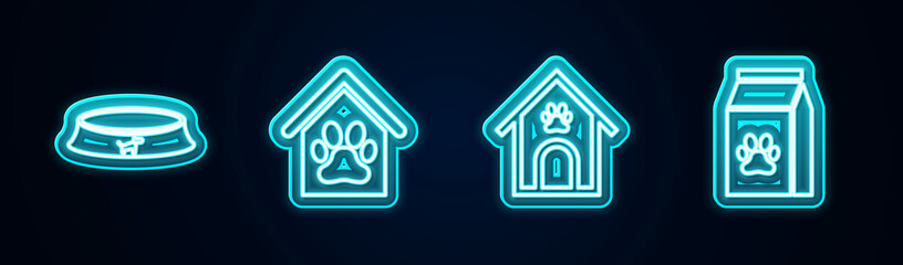 Set line Pet food bowl, Dog house and paw print pet, and Bag of for. Glowing neon icon. Vector