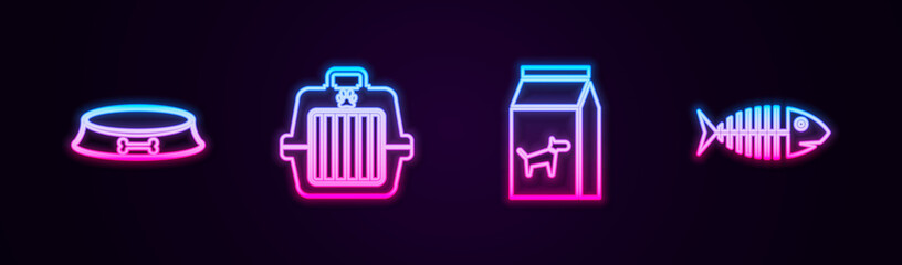 Set line Pet food bowl, carry case, Bag of for dog and Fish skeleton. Glowing neon icon. Vector