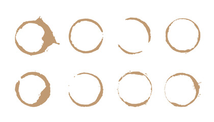 Coffee stain ring set. Vector illustration. Drink stain stamp with round shape and splash element. Coffee cup bottom circle effect.