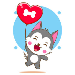 Cartoon illustration of cute husky character floating with love balloon