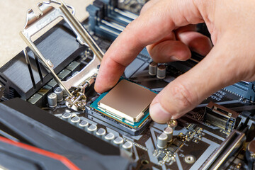 Installing a blank central processor on a motherboard. The blank CPU is installed in the...