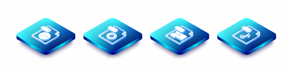 Set Isometric line HTML file document, RAW, DOC and MP3 icon. Vector