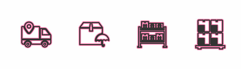 Set line Delivery tracking, Warehouse, package with umbrella and Cardboard boxes on pallet icon. Vector