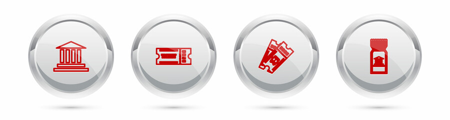 Set line Museum building, Ticket, Bus ticket and . Silver circle button. Vector