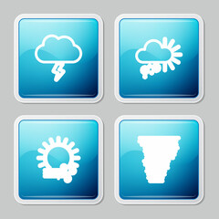 Set line Storm, Cloudy with snow, Wind and sun and Tornado icon. Vector
