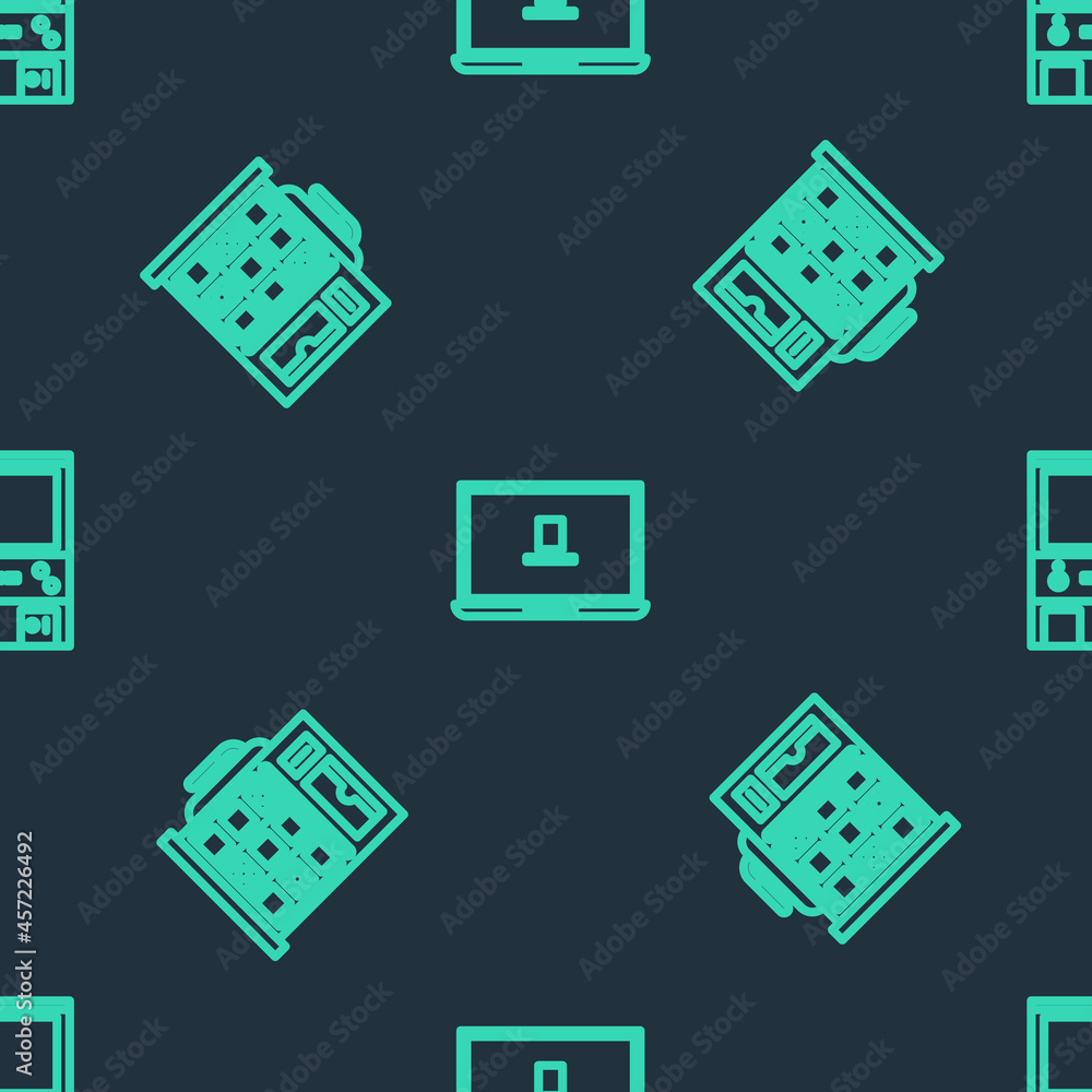 Poster set line laptop, slot machine and retro arcade game on seamless pattern. vector