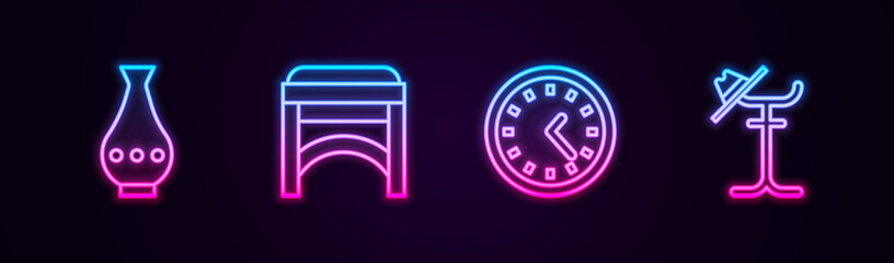 Set line Vase, Chair, Clock and Coat stand. Glowing neon icon. Vector