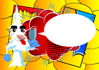 Cartoon winter pine trees with faces with a glass of water. Cute forest trees. Snow on pine cartoon character, funny holiday vector illustration.