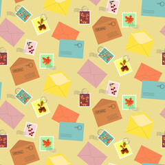 Postage envelopes and stamps with autumn leaves. Seamless pattern on a beige background. Vector illustration. For use in packaging, fabrics, prints, brochures and covers, scrapbooking. © Irina