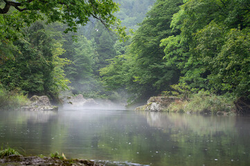 foggy river of the Ohata river.located at shimokitahanto in Aomori perf.landscape of Japan