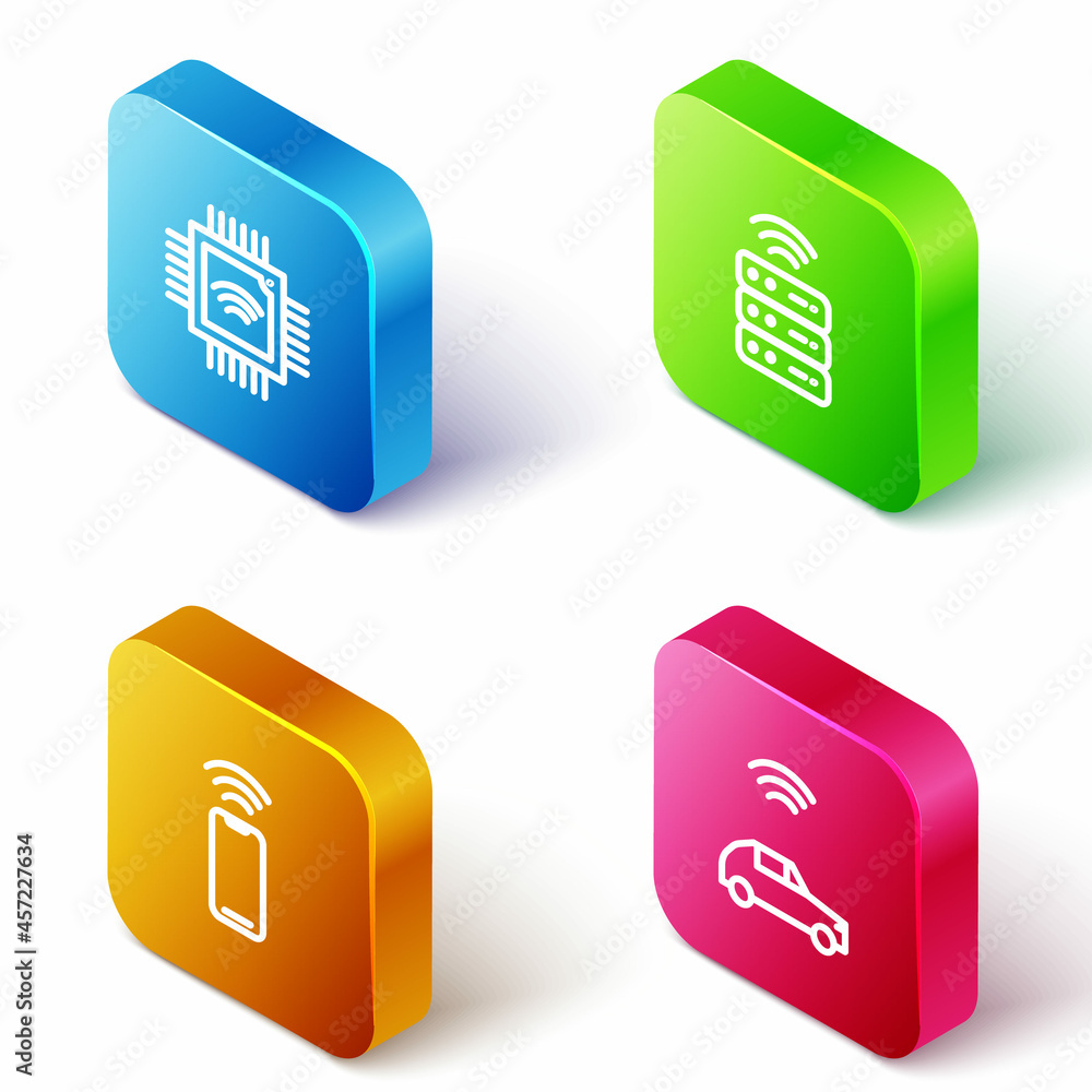Poster set isometric line processor with microcircuits cpu, smart server, wireless smartphone and car syste