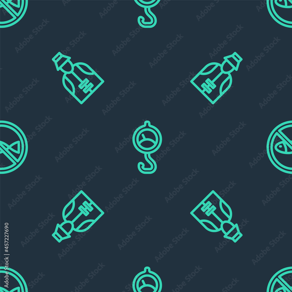 Poster set line spring scale, fisherman and no fishing on seamless pattern. vector
