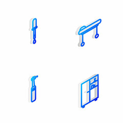 Set Isometric line Stretcher, Pipette, Tooth drill and Medicine cabinet icon. Vector